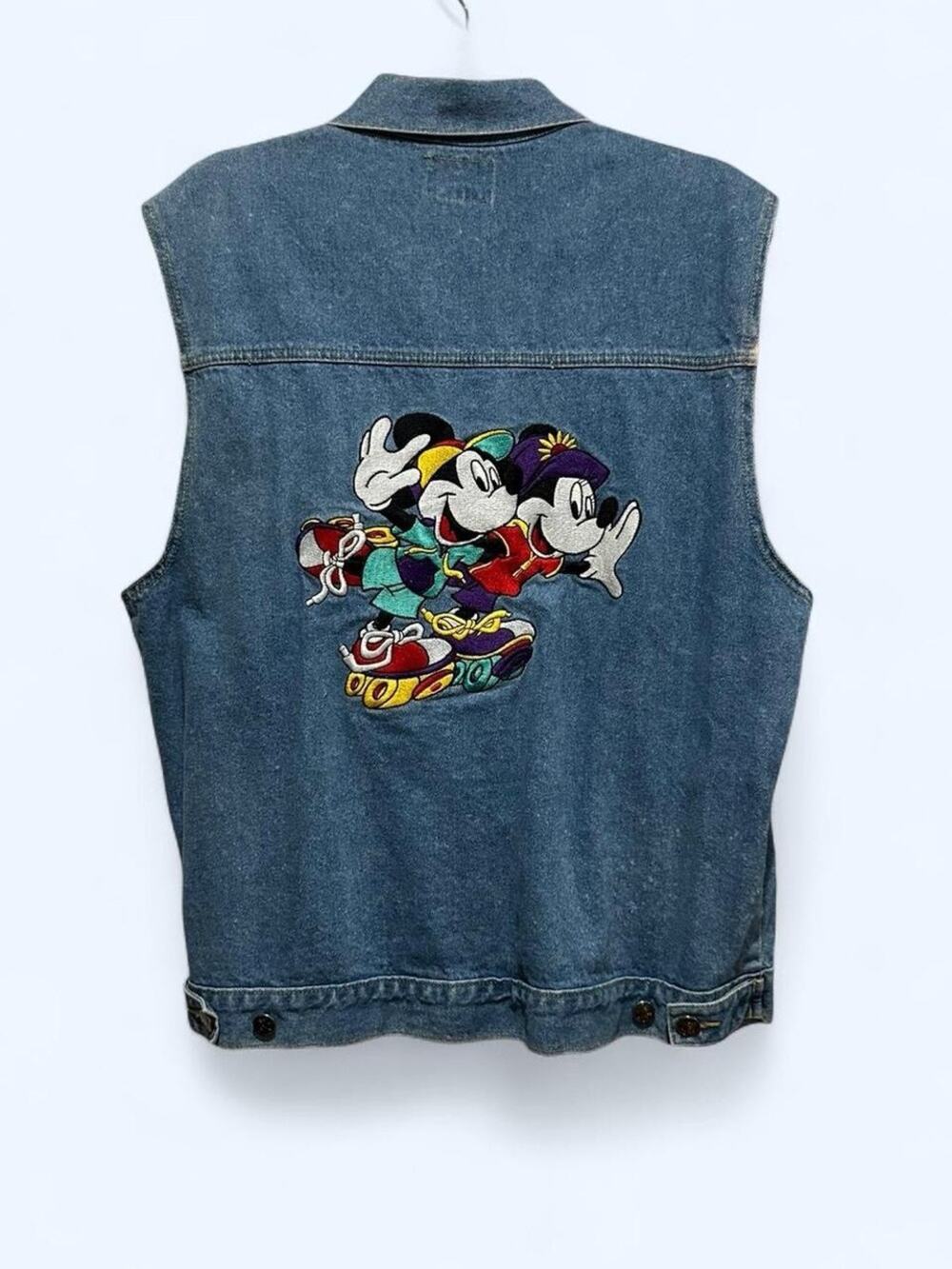 Vintage 90s Disney Mickey & Minnie Roller Skating Denim Vest Mens L Unisex GUC